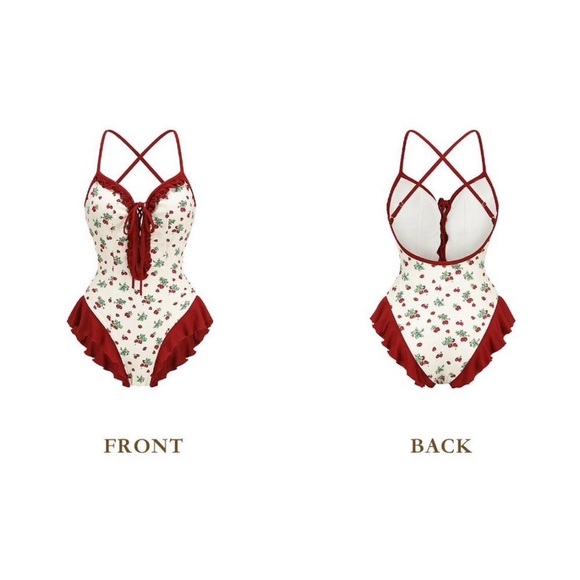 Cream & Red Floral Lace-Up One-Piece Swimsuit/Bodysuit - Picture 2 of 3